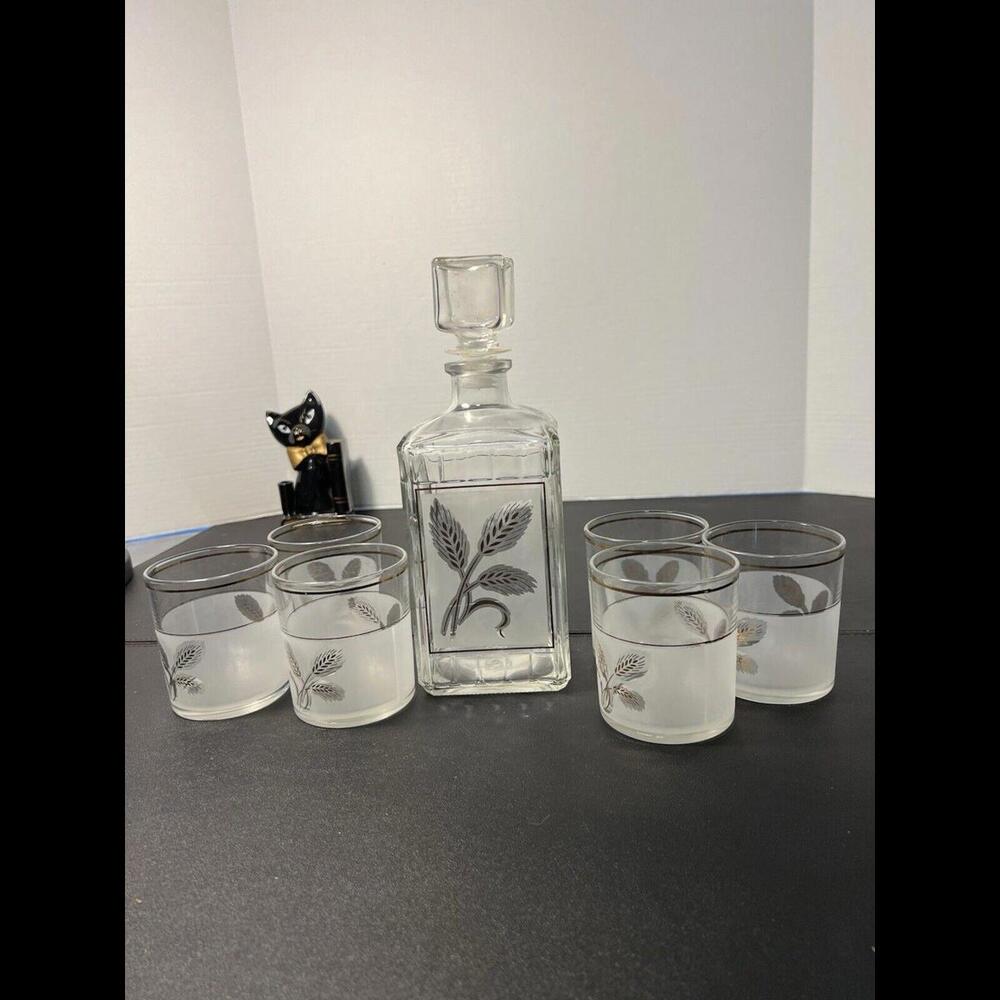 Vintage 1960s Frosted Glass Whiskey Set Decanter 6 Glasses Wheat Pattern Italy